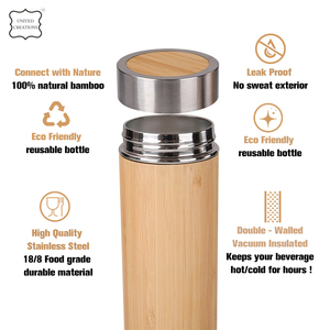 Bouteille en bambou écologique à double paroi avec couvercle en bambou isolé sous vide en acier inoxydable Bouteille d'eau - Product Image 4