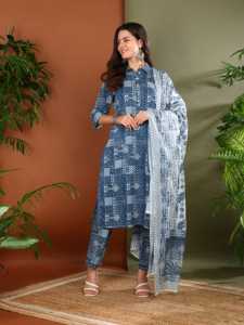 Ensemble Kurta Pantalon Dupatta pour Femmes en Coton à Imprimé Géométrique, Chemise à Col, Manches Trois Quarts, Longueur Cheville, Bleu, Vente en Gros - Product Image 3