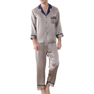 Conjunto de Ropa de Dormir para Hombre, Transpirable, de Alta Calidad, Manga Larga, Cuello en V, Algodón Suave, Satén, Pijama de Verano - Product Image 1