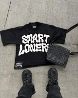 Tops graphiques, t-shirts courts brodés de pierres et imprimés hip-hop, manches longues, coton, coupe ample