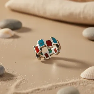 Bague géométrique en argent sterling 925 avec pierres turquoise et rouges, style bohème, bijoux unisexes, cadeau - Product Image 1