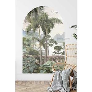 Adesivo della parete dell'arco ovale della palma del paesaggio tropicale