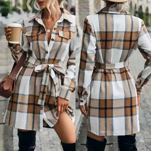 2024 Autumn New Women's Shirt Belt Mid length Plaid Loose Commuter Women's Dress