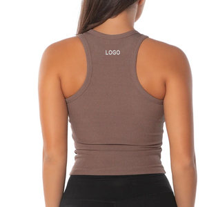 Camiseta sin Mangas de Punto para Mujer, Color Sólido, Cuello Redondo, Estilo Deportivo, Transpirable, con Logotipo Frontal, Marrón - Product Image 6