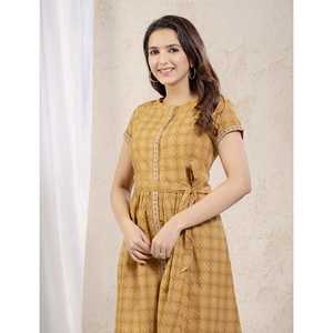 Vestido Amarillo de Algodón Estampado hasta la Rodilla para Mujer, Estilo Casual Elegante, Cintura Natural, Transpirable, para Oficina, Talla XS - Product Image 1