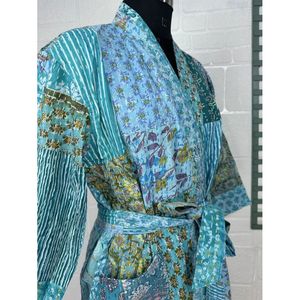 Chaqueta Reversible de Algodón Kantha para Mujer, Color Verde Pastel, Estilo Bohemio con Estampado de Mono, Kimono Tejido, Abrigo Largo - Product Image 5