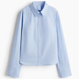 Camisa abotonada a rayas azul claro recortada de manga larga para mujer, oficina y uso regular de proveedor indio - Product Image 1