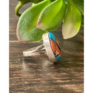 Navajo Multi-Geometric Stone & Platinum Sterling <b>Silver</b> Inlay <b>Ring</b> Size 6-for Everyday Wear with Turquoise <b>Opal</b> Pearl Gemstones - Product Image 3