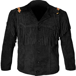 High Top Quality Fringed & Beaded Original Cow Suede Leather <b>Western</b> Style Men Full Black Cowboy Leather <b>Jacket</b> - Product Image 1