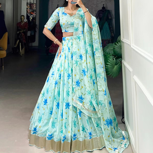 Femmes élégantes Bollywood Designer vêtements ethniques imprimé fleuri lourd Georgette Lehenga Choli ensemble couleurs pastel assorties pour la fête - Product Image 1