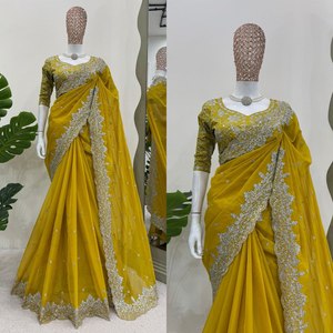 High Quality Heavy Tibby Silk Saree with Mono Benglori Blouse Thread <b>Sequin</b> Work Organic Look for Party Bulk Wholesale Price - Product Image 5