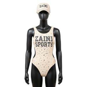 Traje de Baño de Una Pieza para Mujer, Premium, de Nailon y Spandex, con Pedrería Beige, Logotipo Personalizado con Técnica de Termotransferencia - Product Image 1