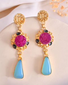 Boucle d'oreille en calcédoine Druzy Multi Gemstone Handmade Fancy Gold & Black Plated Jewelry Bezel Setting Anniversary - Product Image 1