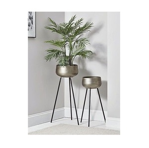 Metal Planter with Stand Set of 2 Unique design Hand aluminium silver Plated Round Flower Planter on Metal Stand for Garden - Product Image 1