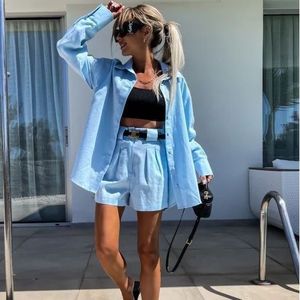 ชุดเสื้อเชิ้ตคาดเข็มขัดและกางเกงขาสั้น - สีฟ้า - Product Image 1