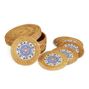 Natural <b>Woven</b> Rattan <b>Coaster</b> Set With Tray Handmade In Vietnam For Daily Drink Serving And Home Decor - Product Image 2