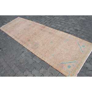 Turkish Vintage Runner Rug 3.1x9.5 ft, <b>Brown</b> Check Rug <b>Wool</b> - Product Image 2