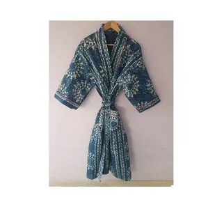 Оптовая продажа, сшитое кимоно, сезонный халат с принтом, синее одеяло кимоно Kantha для женщин, одежда от индийского поставщика