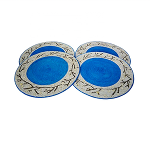 Round Beaded <b>White</b> with Blue Plain Handmade <b>Coaster</b> Set of Four Pieces Table Decor Item - Product Image 1