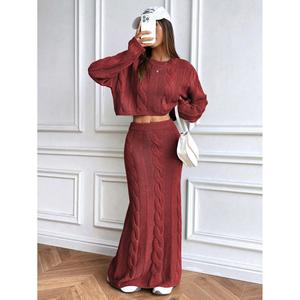 Cropped Cable <b>Knit</b> Sweater <b>Set</b> Women's Red S Long Skirt Matching Outfit - Product Image 5