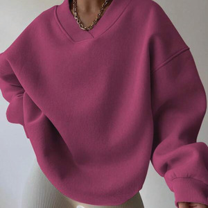 Rose col en V surdimensionné sweat femmes épais coton polaire pull coupe ample goutte épaule décontracté hiver Streetwear Logo personnalisé - Product Image 1