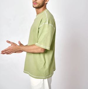 T-shirt Homme Oversize Uni à Manches Courtes Col Rond avec Bordure Contrastante en Coton Tricoté Vert – T-shirts Oversize pour Homme - Product Image 2