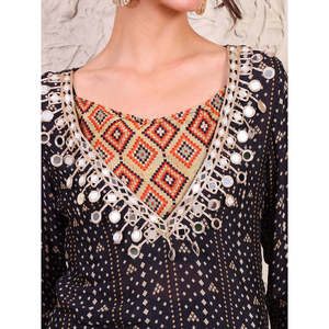 Conjunto Coordinado de Chifón de Viscosa Pura con Estampado Bandhani Negro para Mujer, Estilo Bohemio para Primavera/Verano - Product Image 2