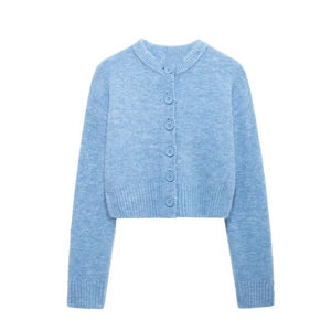 Cardigan décontracté d'hiver en coton doux, couleur unie, col en V, logo sur le devant, respirant, confortable, pull pour femmes - Product Image 1