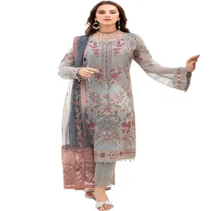 Costumes de soirée Shalwar kameez pour femmes en mousseline de très haute qualité avec une robe respirante brodée très fine