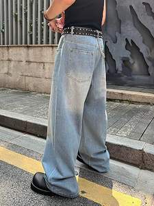 Pantalon droit en denim pour homme Baggy Hip Hop Pantalon décontracté coupe ample respirant léger tissu peigné taille haute Streetwear - Product Image 3