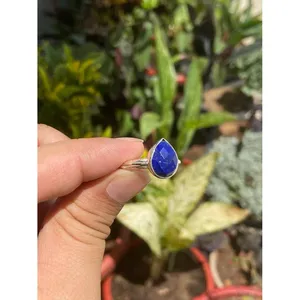 925 Silver Statement <b>Ring</b> with Pear Cut Lapis Lazuli Bezel Set Rhodium Plated Geometric Pattern Everyday Wear - Product Image 3