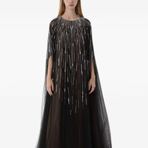 Anti-statique élégant a-ligne maille perlée Satin robe de soirée pour les femmes col haut à manches longues en mousseline de soie avant pour la fête des dames - Product Image 1