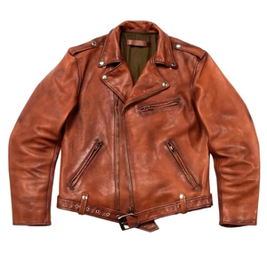 แจ็กเก็ตหนังวัวแท้สำหรับผู้ชายมีซิปปกพับลงแบบลำลองสไตล์มอเตอร์ไซต์ฤดูหนาว - Product Image 1