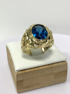 Bague bleue Style pépite véritable or massif 10k or jaune massif couleur homme pierre forme bague pépite ovale pierre saphir - Product Image 2