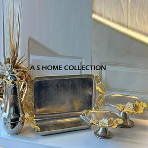 Bandeja de madera Forma rectangular Juego de 2 Mango chapado en oro Diseño de forma de flor Bandeja de decoración de color marrón - Product Image 4