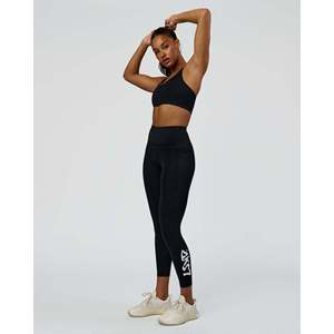 Leggings de cintura alta 7/8 para mujer con bolsillos - Negro - Estampado con letras blancas - Product Image 1
