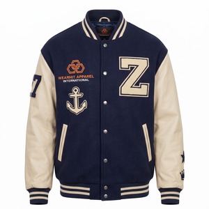 Blouson universitaire oversize à épaules tombantes, bleu marine et crème, avec patch ancre marine en chenille et manches en cuir, personnalisable style Letterman - Product Image 1