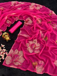 Diseñador exclusivo Atractivo y brillante Color Fancy Floral Printed Tabby Organza Silk Rutine Wear & Party Wear Ladies Saree - Product Image 6