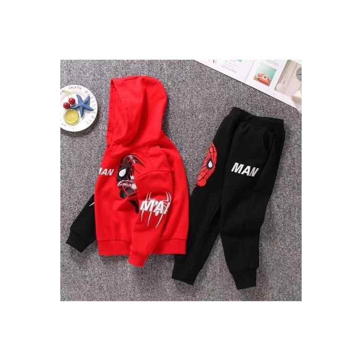 Boy's Pattern Red Color Top and Bottom 2-Piece Hooded Tracksuit Set