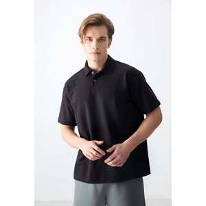 T-shirt basique pour homme, coupe ample, noir, coton épais, doux et texturé, col polo, tissu Oxford - 88382 - Product Image 2