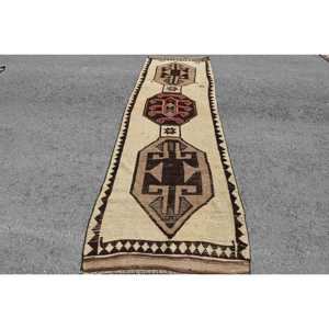 3x10.6 ft Turkish Rug, Vintage Runner Rug, <b>Brown</b> White Plants & trees <b>Wool</b> Rug - Product Image 1