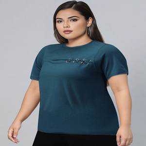 Camiseta de algodón puro con cuello redondo liso azul verde azulado para mujer con detalles de encaje Camiseta de algodón puro con cuello redondo sólido azul verde azulado para mujer - Product Image 4