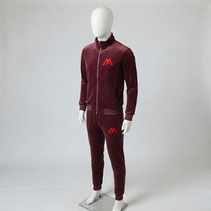 Mens Winter Hooded Burgundy <b>Velour</b> Full Zip <b>Tracksuit</b> Set Athletic Jacket Jogger Pants Running Fitness Casual Streetwear - Product Image 3