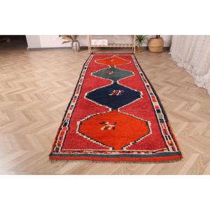 Turkish Rug, <b>Runner</b> 3.1x9.8 ft Vintage Rug, <b>Red</b> Blue Ombr Wool Rug - Product Image 2