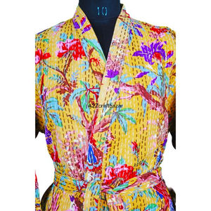 Peignoir kimono long en coton pur à 100% imprimé floral indien, imprimé numérique, doux, col en V, fermeture à ceinture - Product Image 4