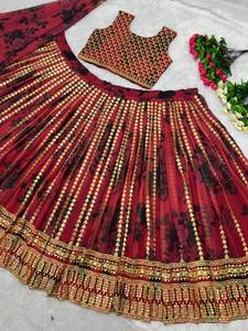 Élégant traditionnel Faux Georgette indien mariée Lehenga Choli Dupatta brodé paillettes travail impression numérique pour les fêtes - Product Image 3