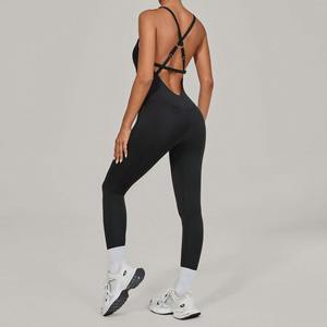 Custom Logo Non-adjusted Cross Straps Backless Full Length Gym Jumpsuit Sleeveless Workout <b>Romper</b> Pilates Yoga Bodysuit for - Product Image 3