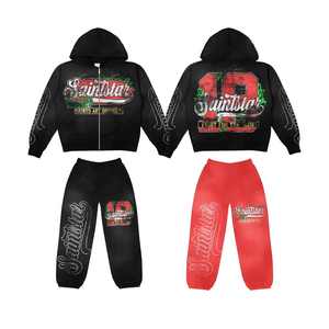 ชุดเสื้อมีฮู้ดและกางเกงกันหนาวพร้อมกางเกงรัดรูปสีแอซิดสไตล์วินเทจประดับพลอยเทียมเฟรนช์เทอร์รี่ - Product Image 2