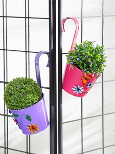Metal Bucket <b>Railing</b> <b>Planter</b> Pot Polka Flower Pots Green and Yellow <b>Balcony</b> Hanging <b>Planter</b> <b>for</b> Home/Garden Home Decoration - Product Image 5