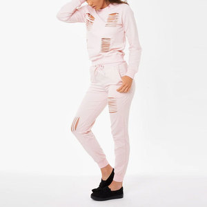 Ensemble de survêtement décontracté 2 pièces pour femme, effet délavé et usé, sweat-shirt et pantalon de jogging, coupe ample, style streetwear, idéal pour la gym, vente en gros - Product Image 4
